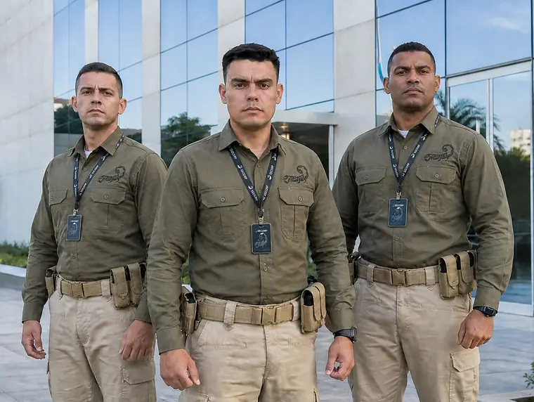 Equipe SECORP com camisas verde-oliva, calças caqui e crachás, em frente a um edifício corporativo envidraçado