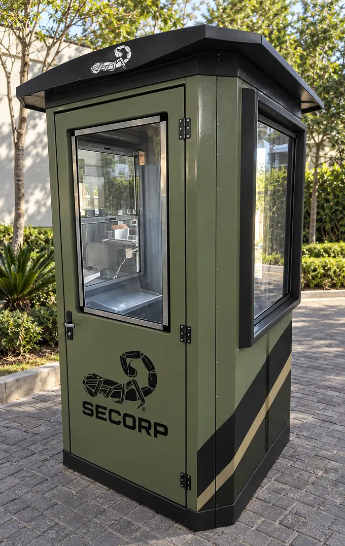 Guarita SECORP verde-oliva com faixa caqui e logotipo do escorpião, em área ajardinada