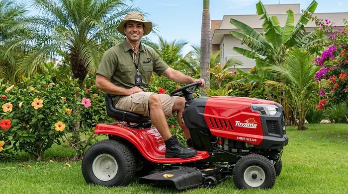 Jardineiro SECORP sorrindo sobre trator cortador de grama em jardim tropical