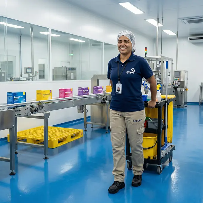 Profissional de limpeza SECORP com touca e uniforme ao lado do carrinho de limpeza em área produtiva industrial
