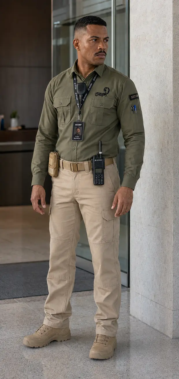 Porteiro SECORP de camisa verde-oliva, rádio e crachá na recepção de um edifício